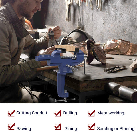 Nuovoware table vise 360-degree swivel base for flexible clamping angles.