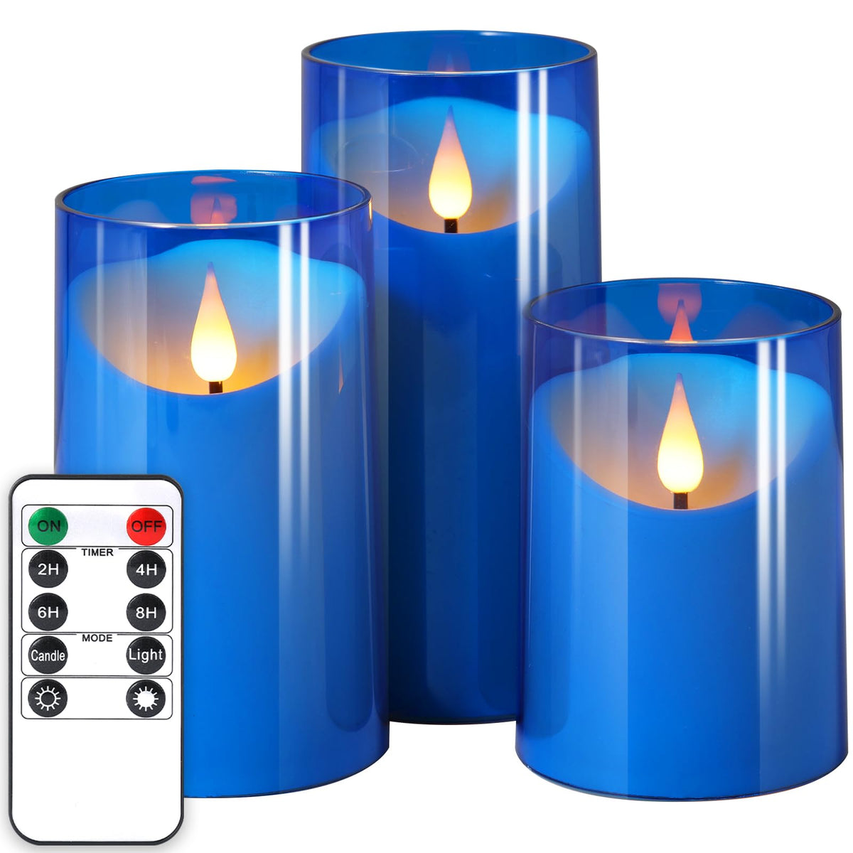 Nurada flameless candles blue 3-pack with 3D wick for lifelike glow.