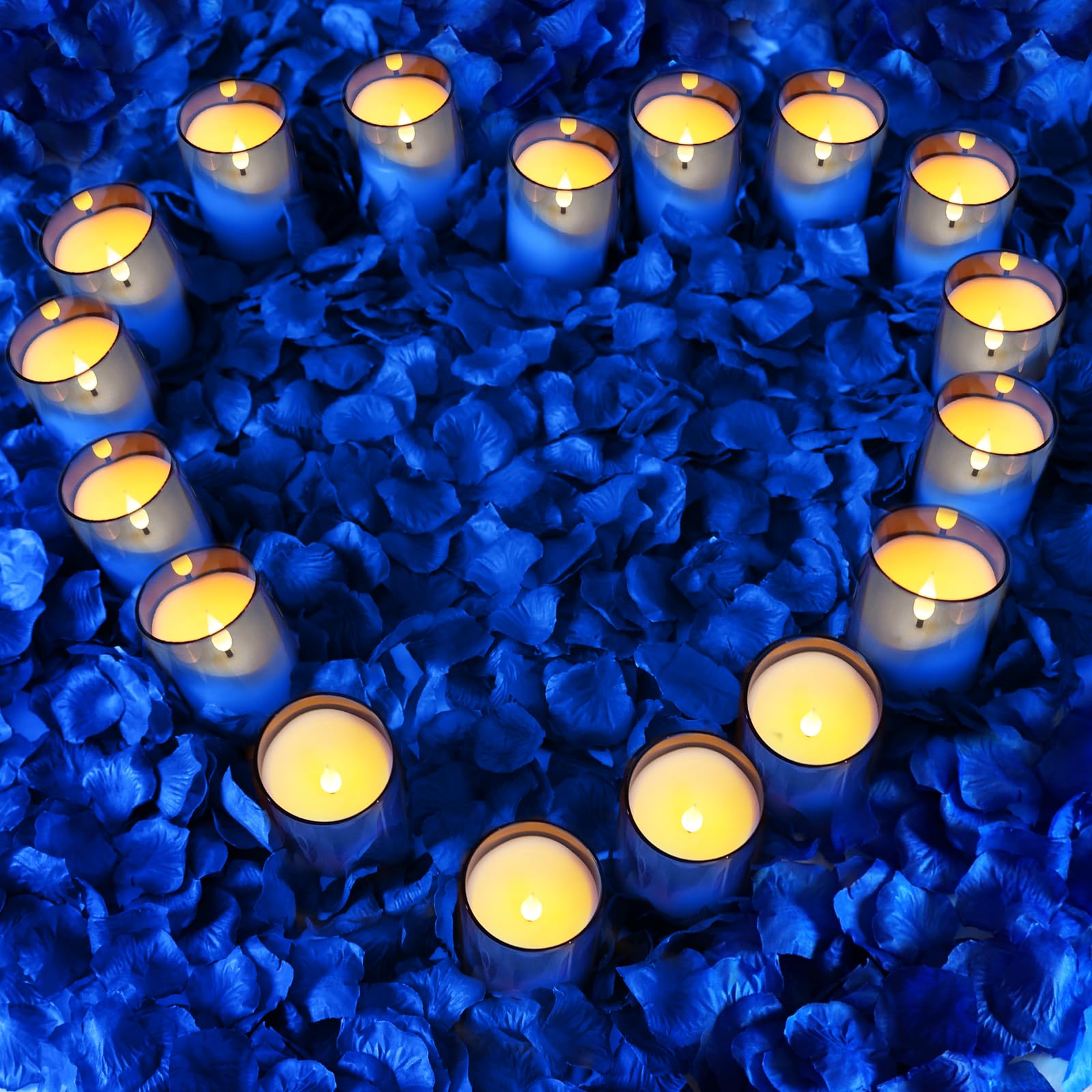 Nurada blue flameless candles creating a romantic dinner ambience.