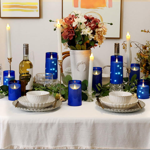 Nurada blue flameless candles at a wedding decor setting.