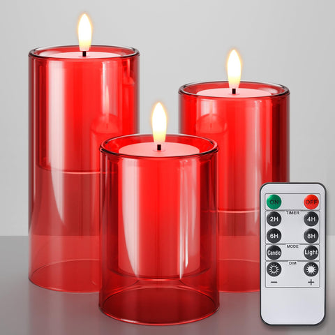 NURADA red glass flameless candle with 3D wick closeup for lifelike ambience