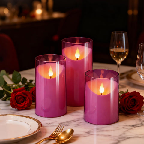 NURADA led pillar candle irregular top purple highlights natural flame illusion.