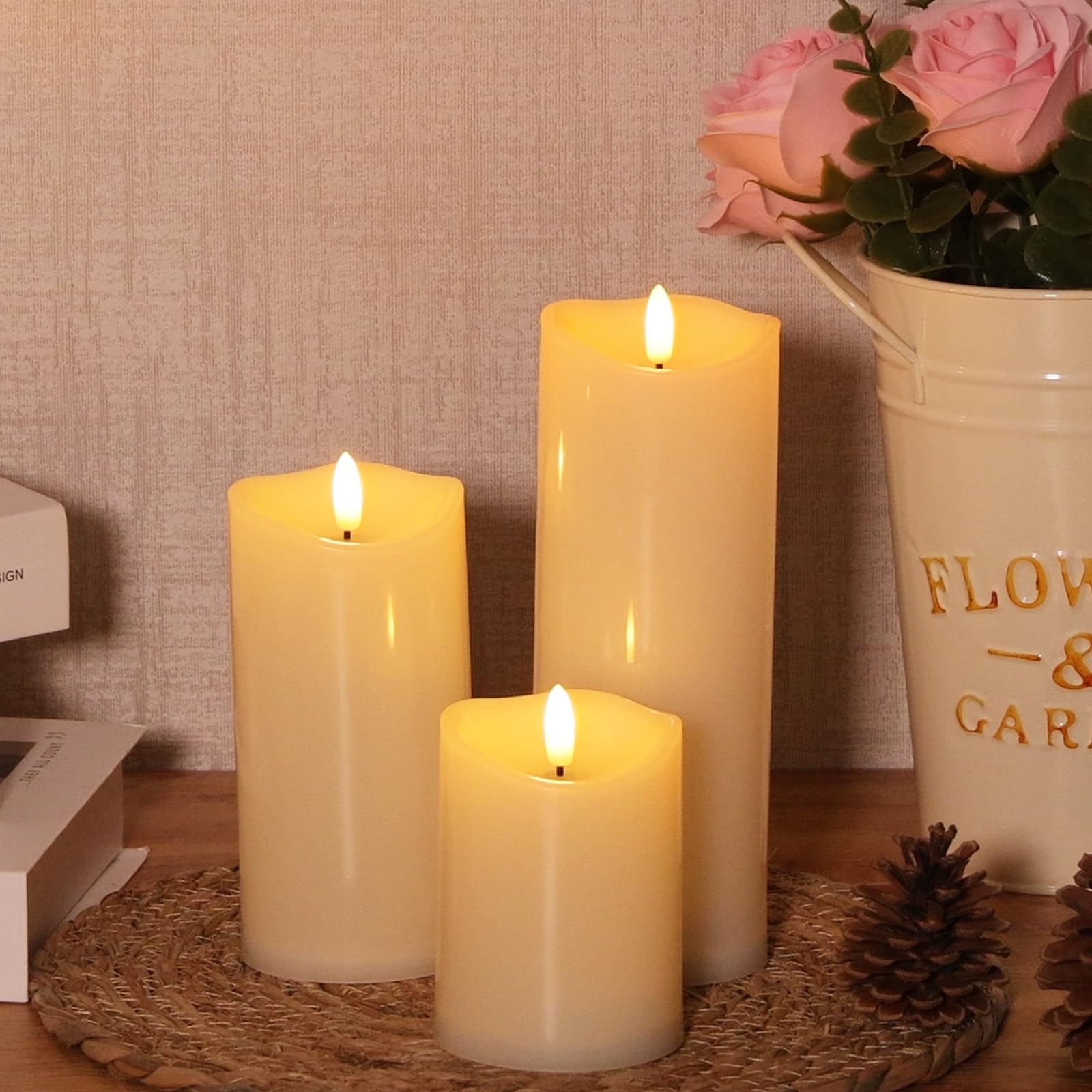 NURADA remote control ivory candle, 18 ft range for cozy indoor seating.