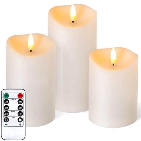 NURADA 3-pack ivory flameless candles with remote timer ready for outdoor setup and safe ambiance.