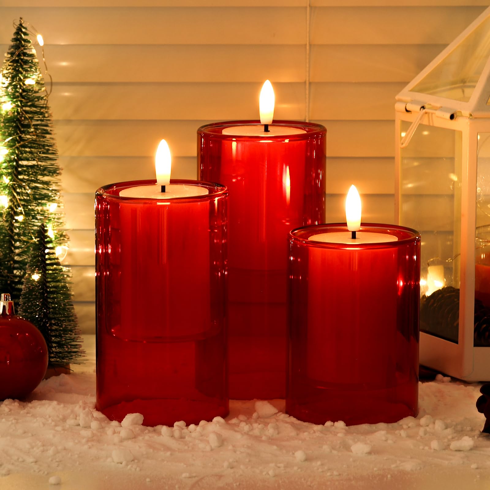 NURADA red glass candle set on a table offering elegant dining ambience