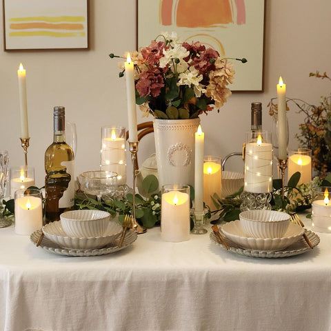 NURADA candles set on a dining table as a centerpiece