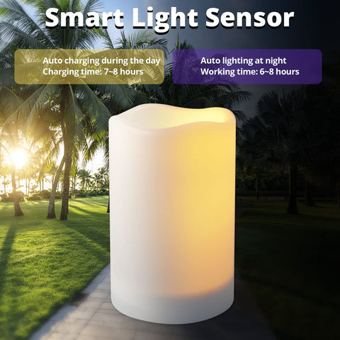 NURADA solar pillar candles auto-light at dusk for effortless ambiance.