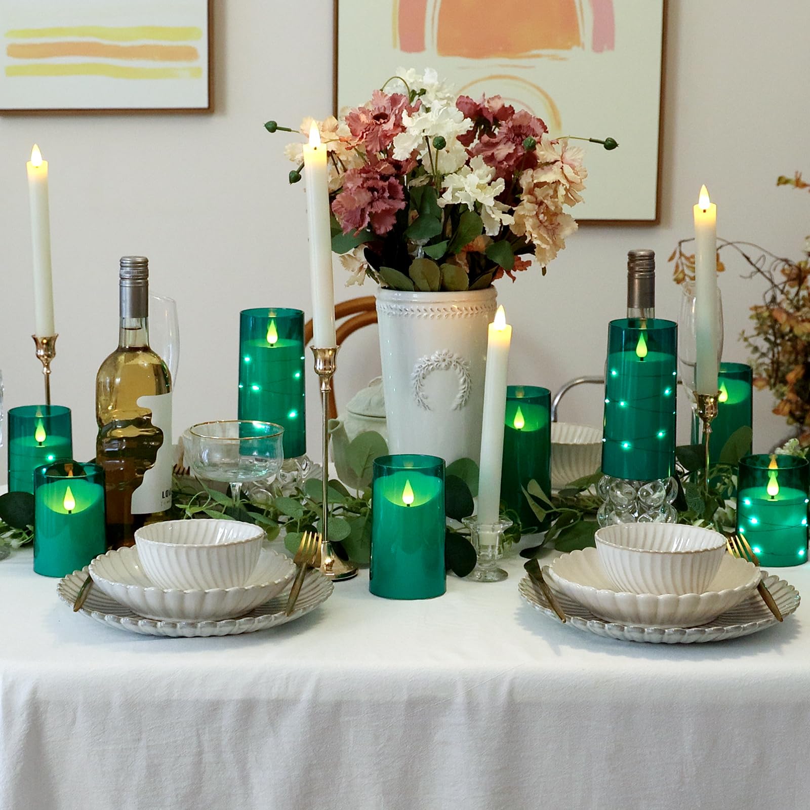 Nurada table centerpiece green candles ideal for festive tables.