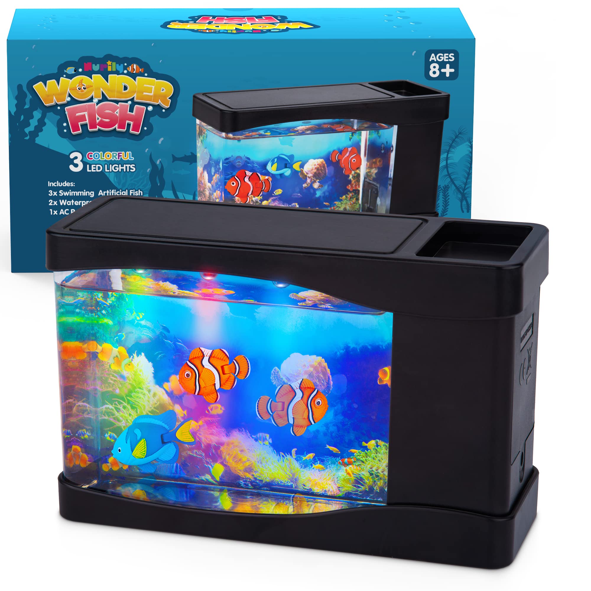 Nurily artificial fish tank with moving bubbles for calming office decor.