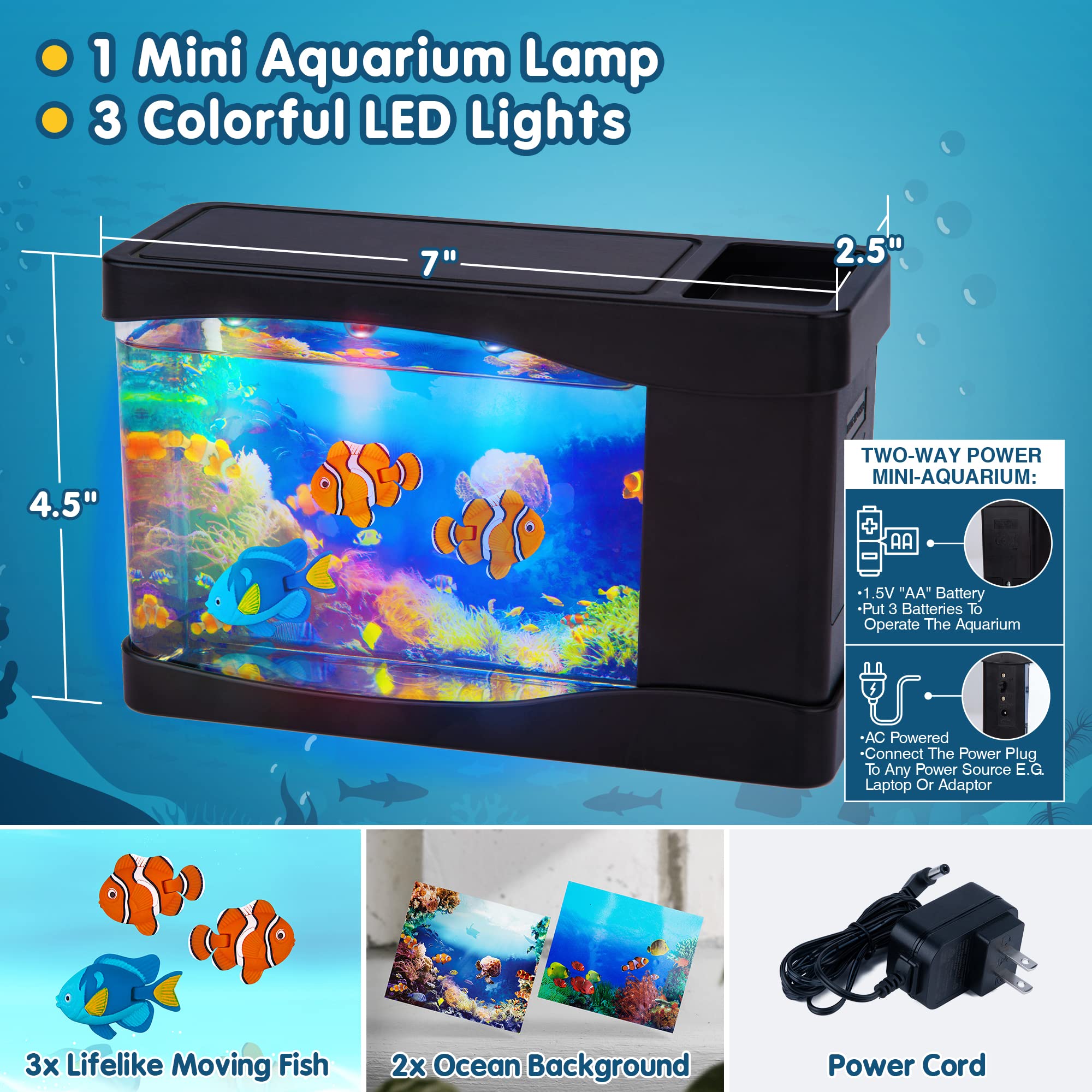 Nurily mini desk aquarium with LED lights creates colorful ambience.