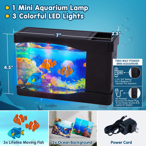 Nurily mini desk aquarium with LED lights creates colorful ambience.