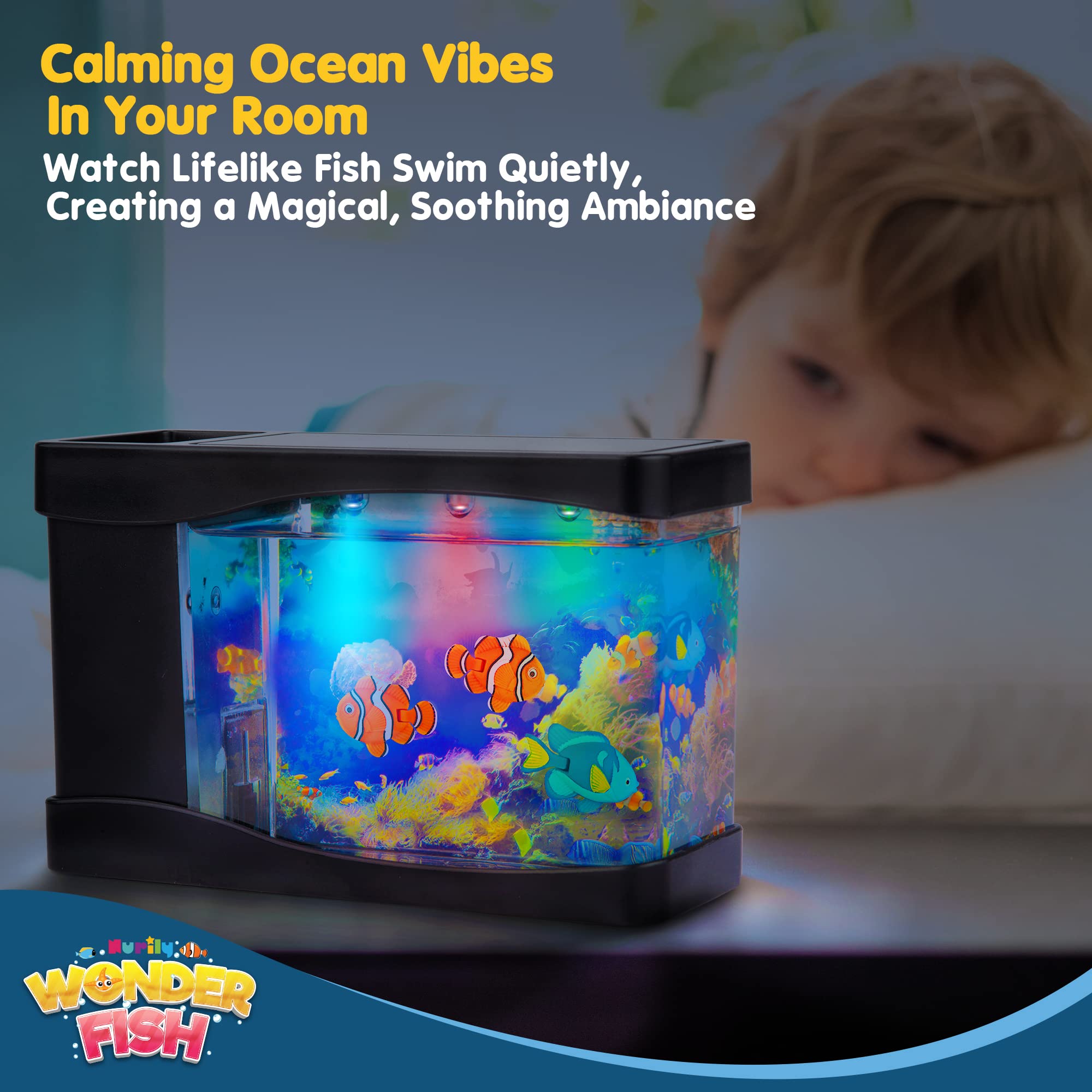 Three artificial fish glide as lights energize your workspace.