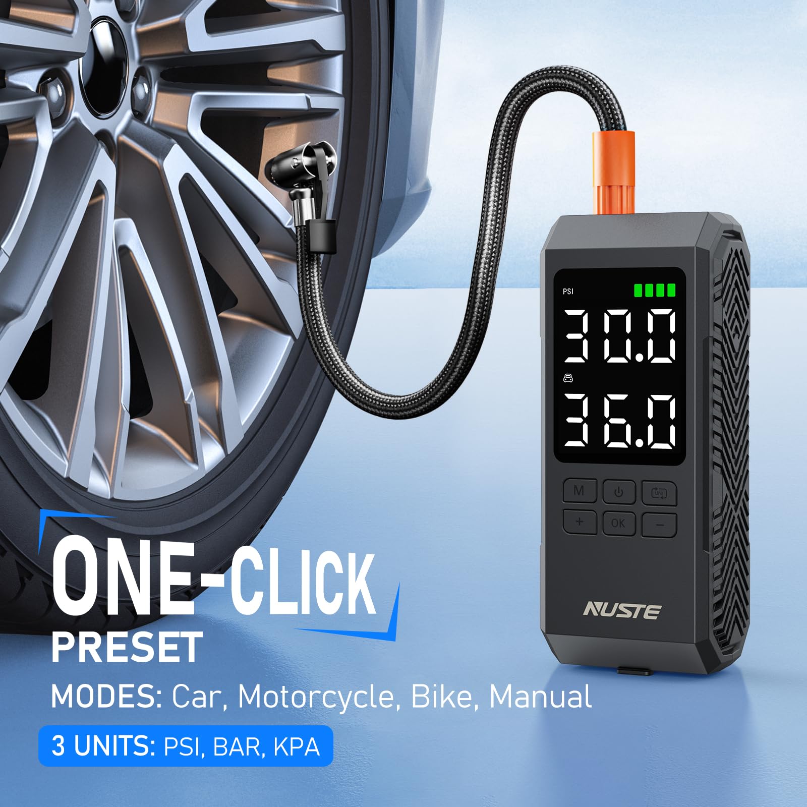NUSTE compact air compressor fits in glove box for travel