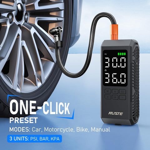 NUSTE compact air compressor fits in glove box for travel