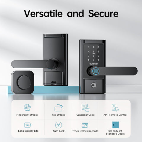 NUTOMO smart deadbolt with fingerprint sensor closeup showing quick unlock