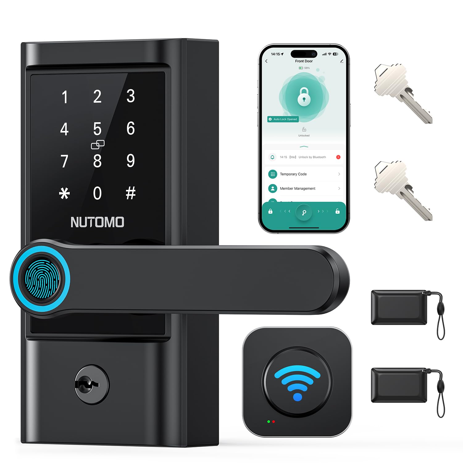 NUTOMO WiFi keypad door lock with handle front view for easy access