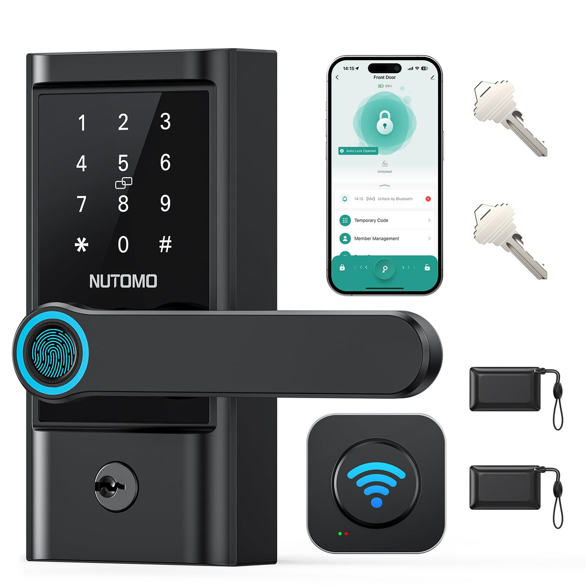 NUTOMO WiFi keypad door lock with handle front view for easy access