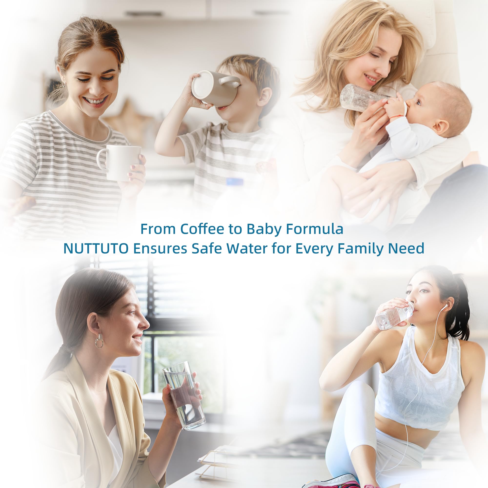 NUTTUTO filtering in kitchen on countertop with clean water.