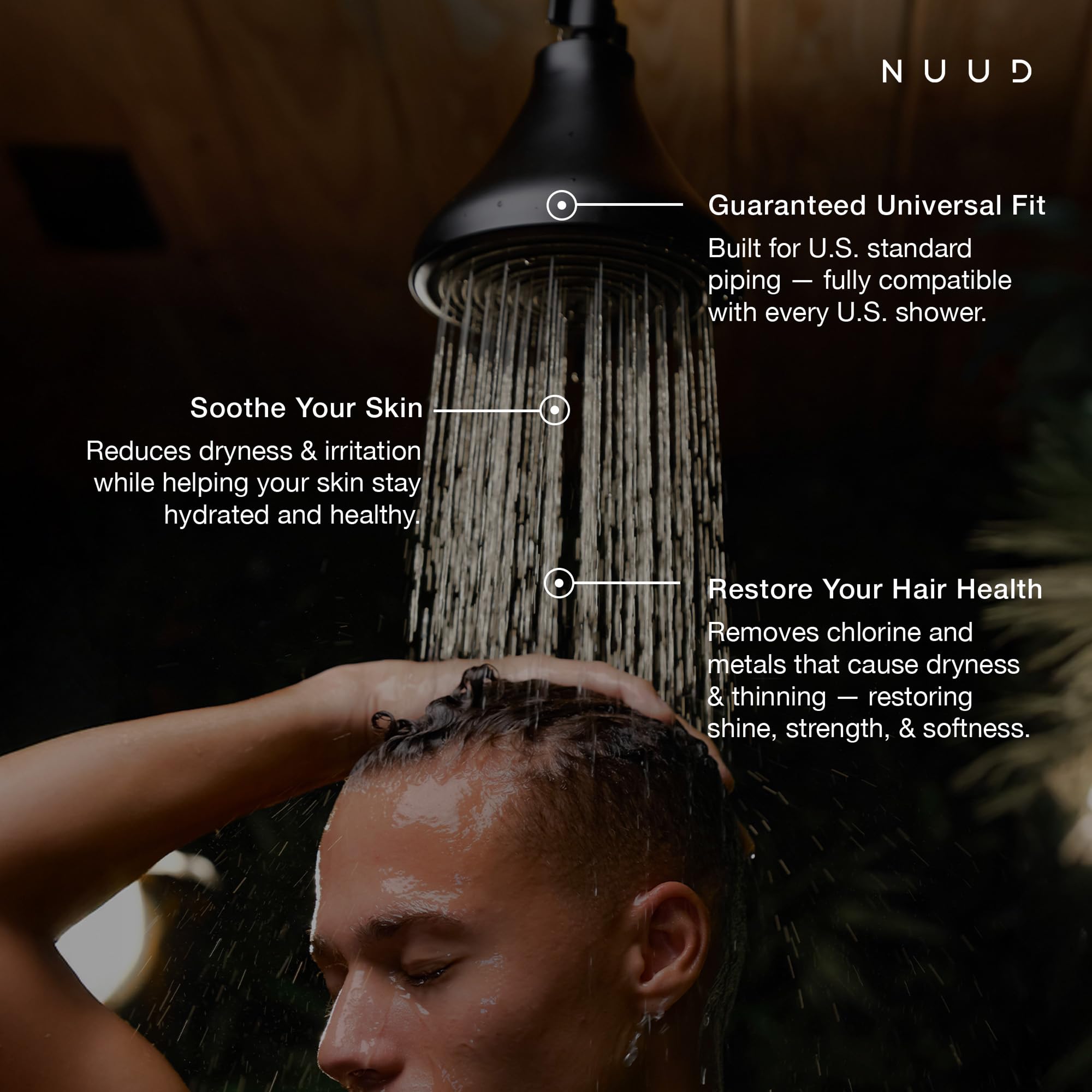 NUUD chlorine removal visual demonstrating a gentler shower water experience