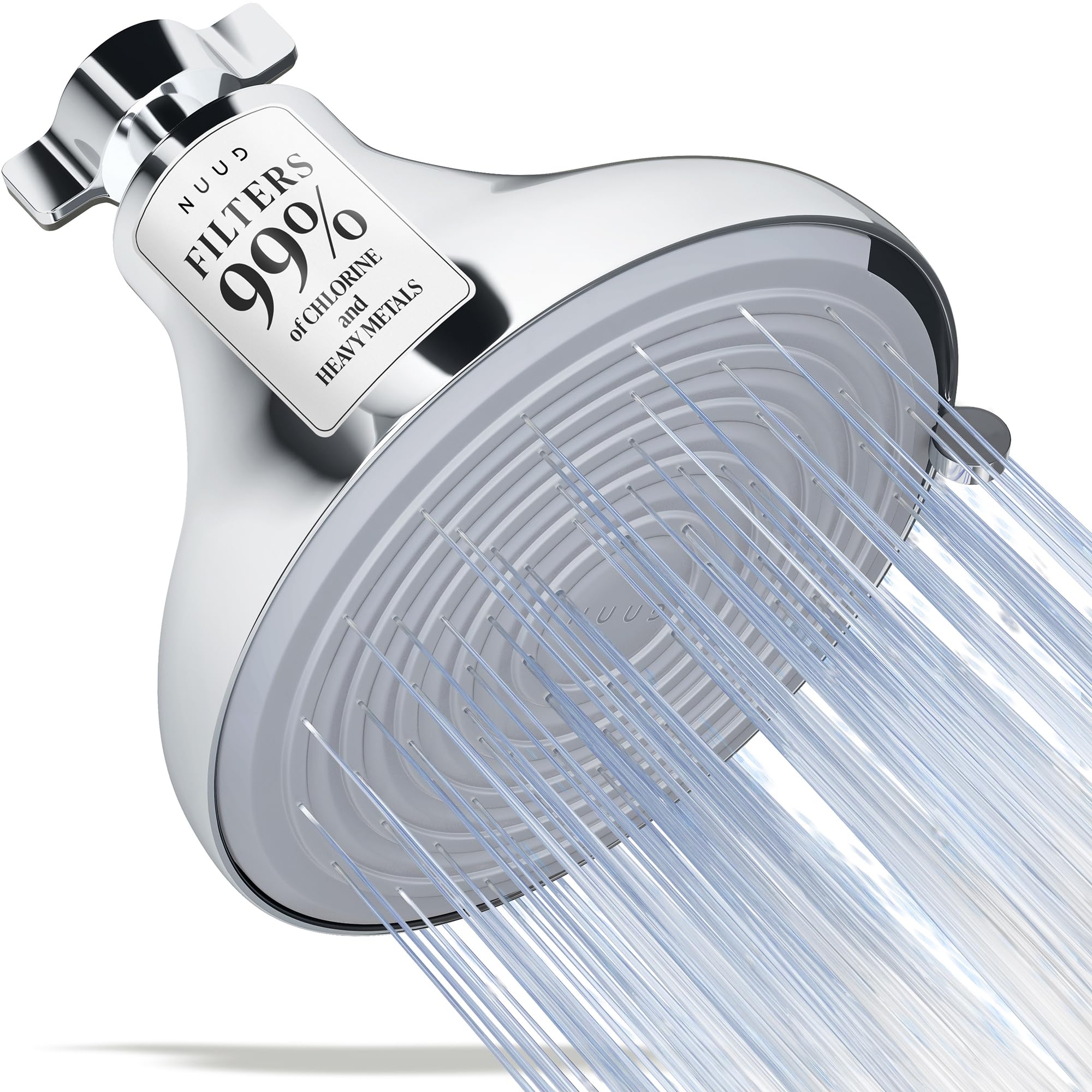 NUUD filtered shower head chrome close-up shows triple filtration for hair and skin