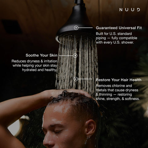 NUUD filtered shower head triple-filtration close-up highlights chlorine and metals reduction