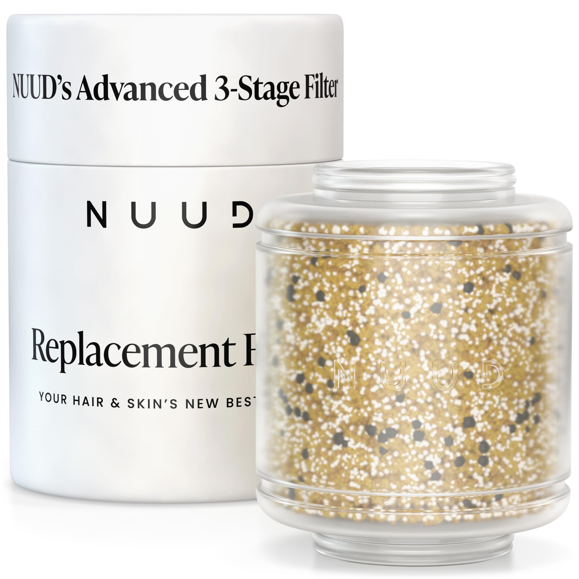 NUUD replacement filter front view showing easy fit and improved water quality