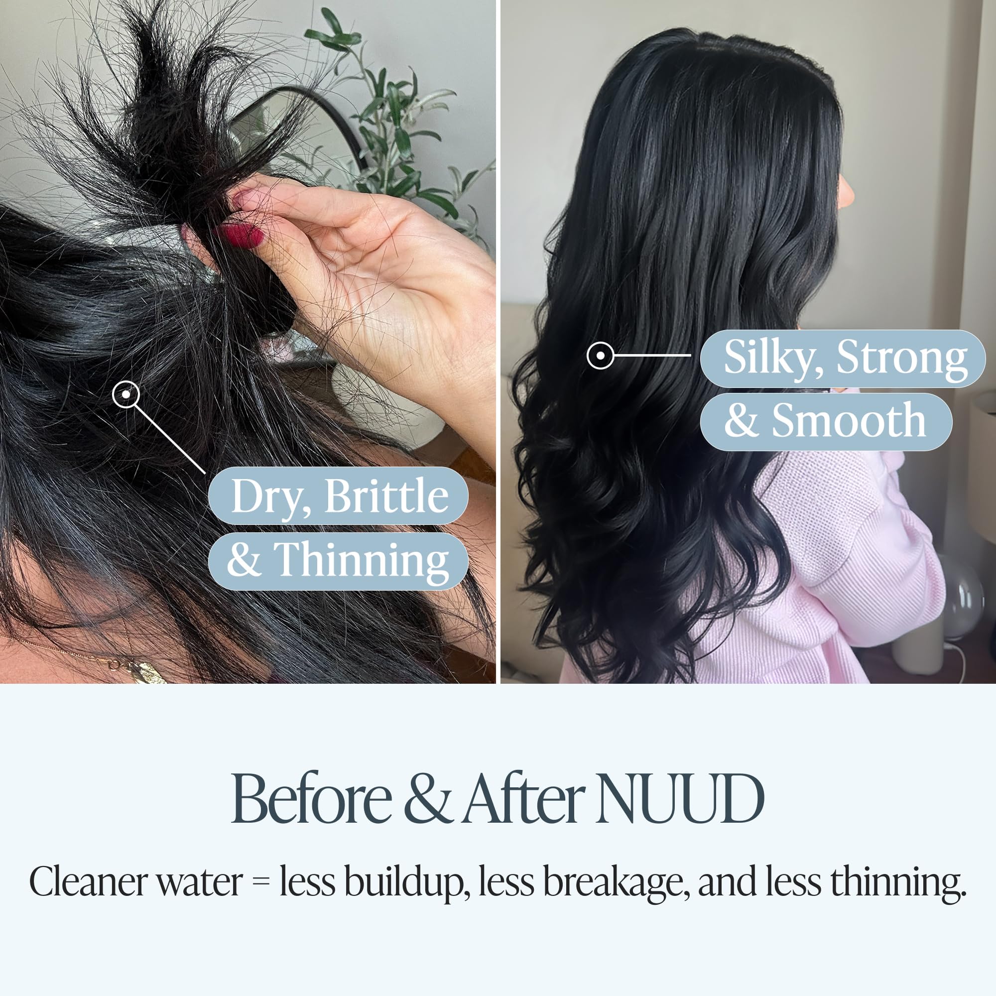 NUUD triple-filtration closeup highlighting KDF-55 and carbon benefits