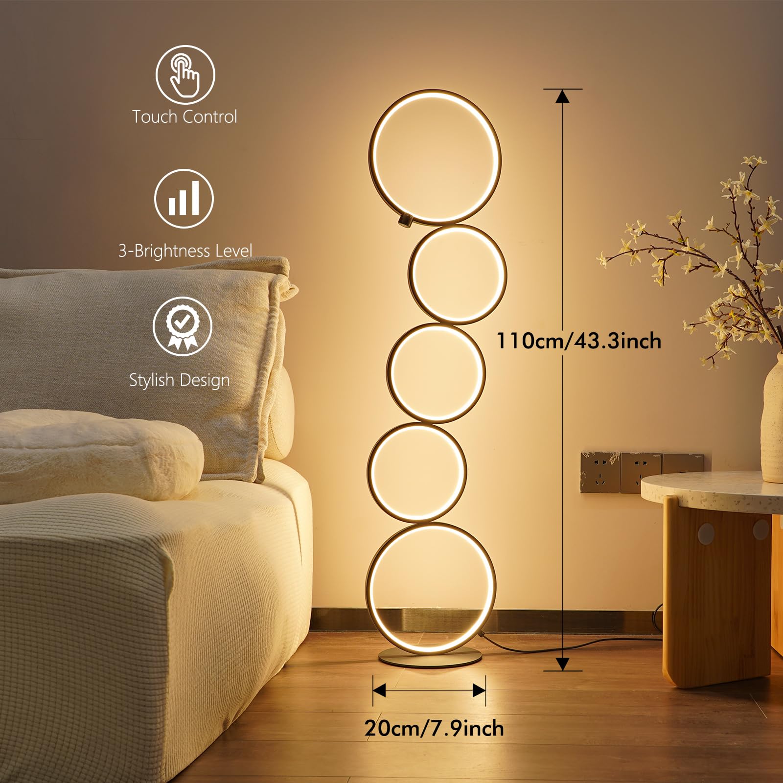 NUÜR 43.3-inch height fits beside sofas for balanced illumination.