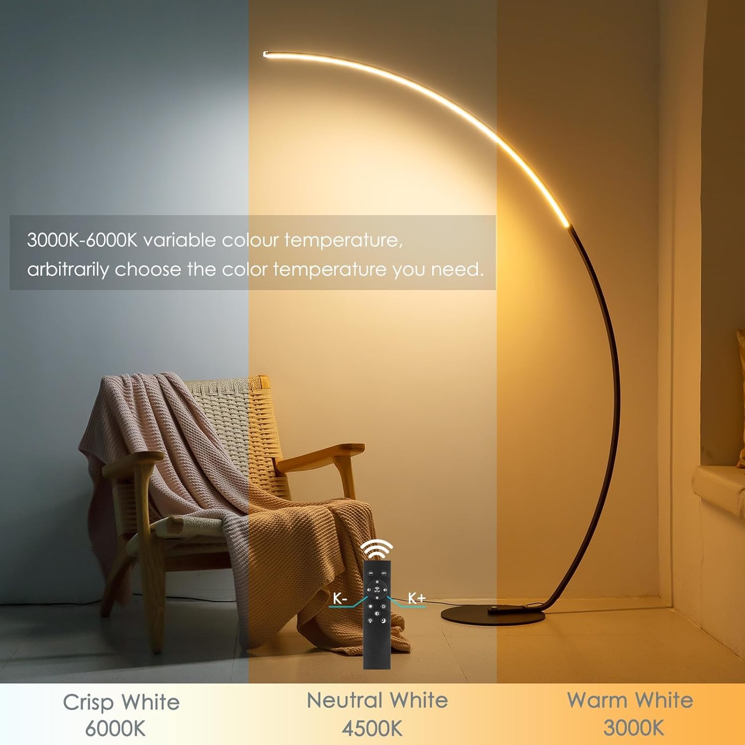 NUÜR Modern Arc lamp curved frame over seating for ambient overhead illumination