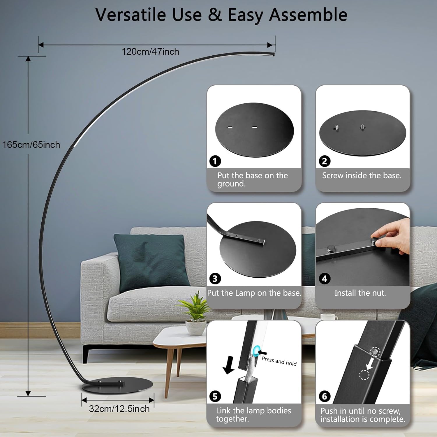 NUÜR Arc lamp base provides stable support on carpet or wood floors