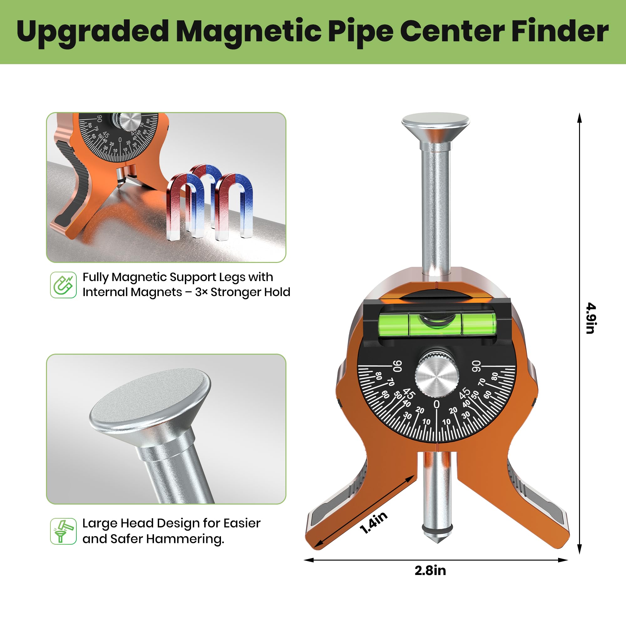 Nuvium pipe center finder dial bubble protractor provides precise alignment without tools