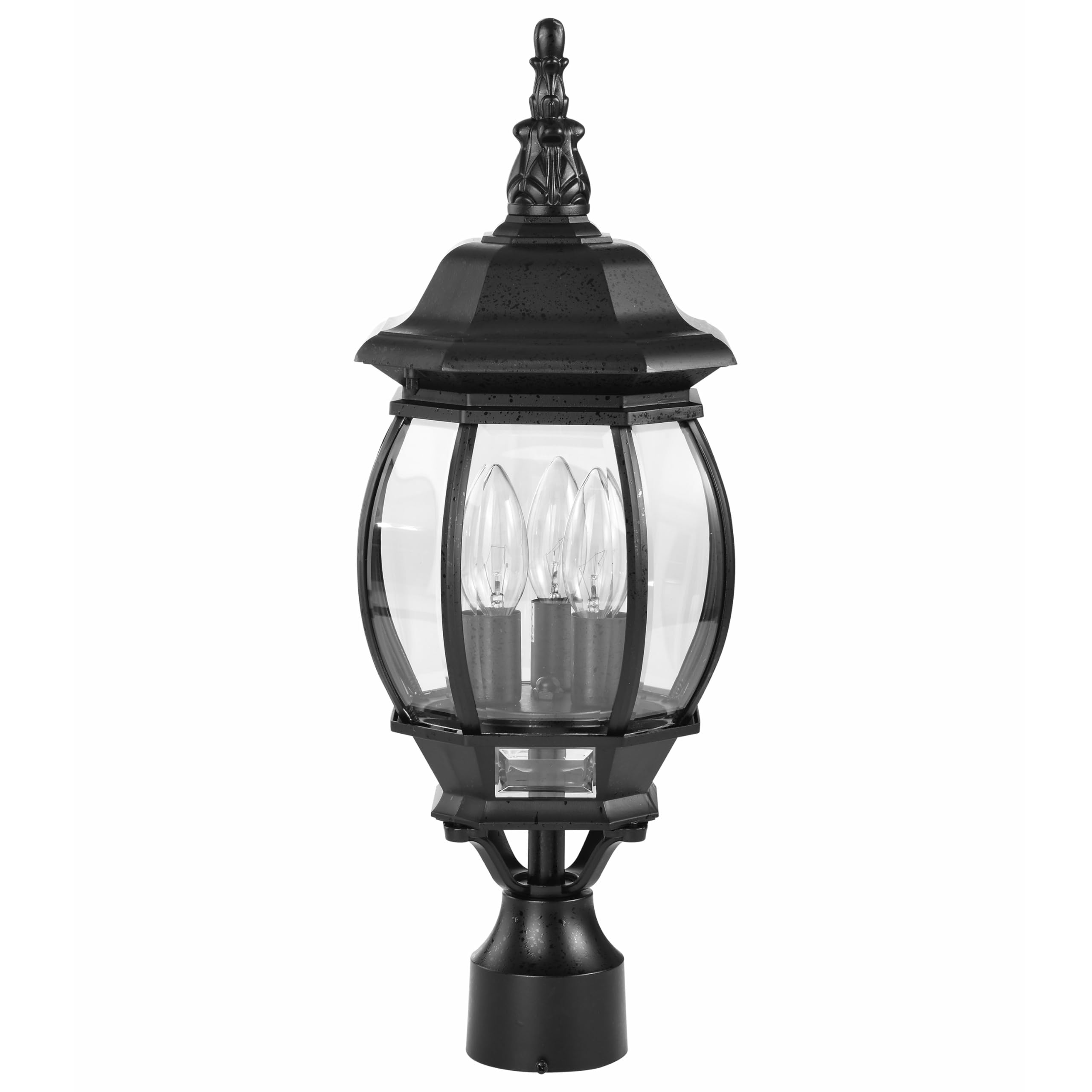 Nuvo 3-light post lantern with clear beveled glass, front view for classic curb appeal.