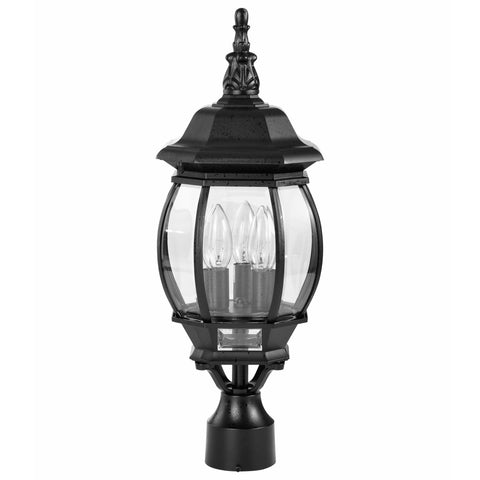 Nuvo 3-light post lantern with clear beveled glass, front view for classic curb appeal.