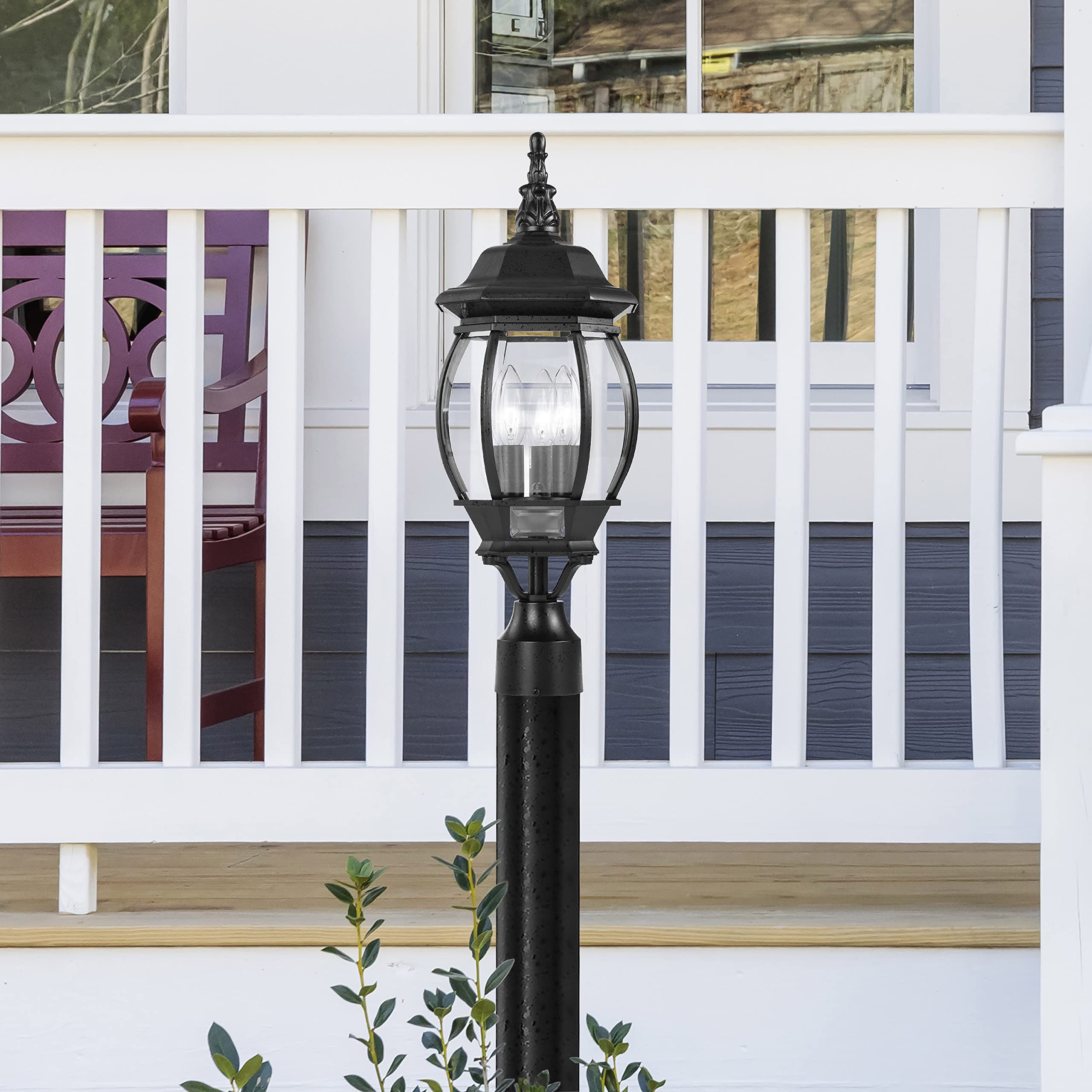Nuvo post lantern in textured black finish for traditional exteriors.