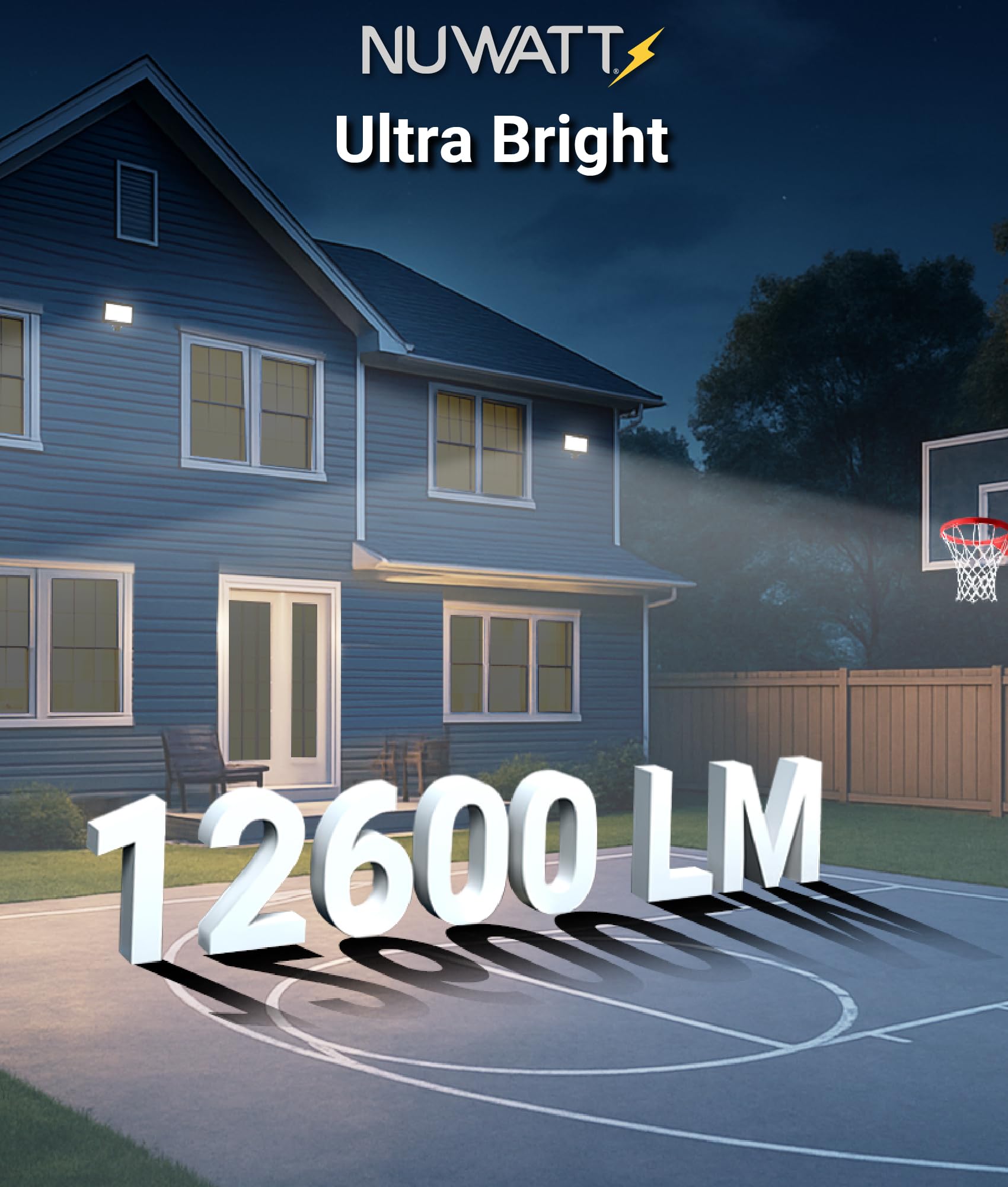 NUWATT 12600 lumen flood light delivers expansive coverage for large outdoor areas.