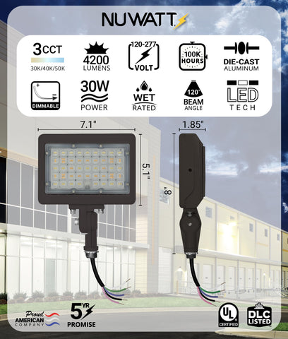 NUWATT 30W flood light demonstrates 3CCT color temperatures for versatile outdoor lighting