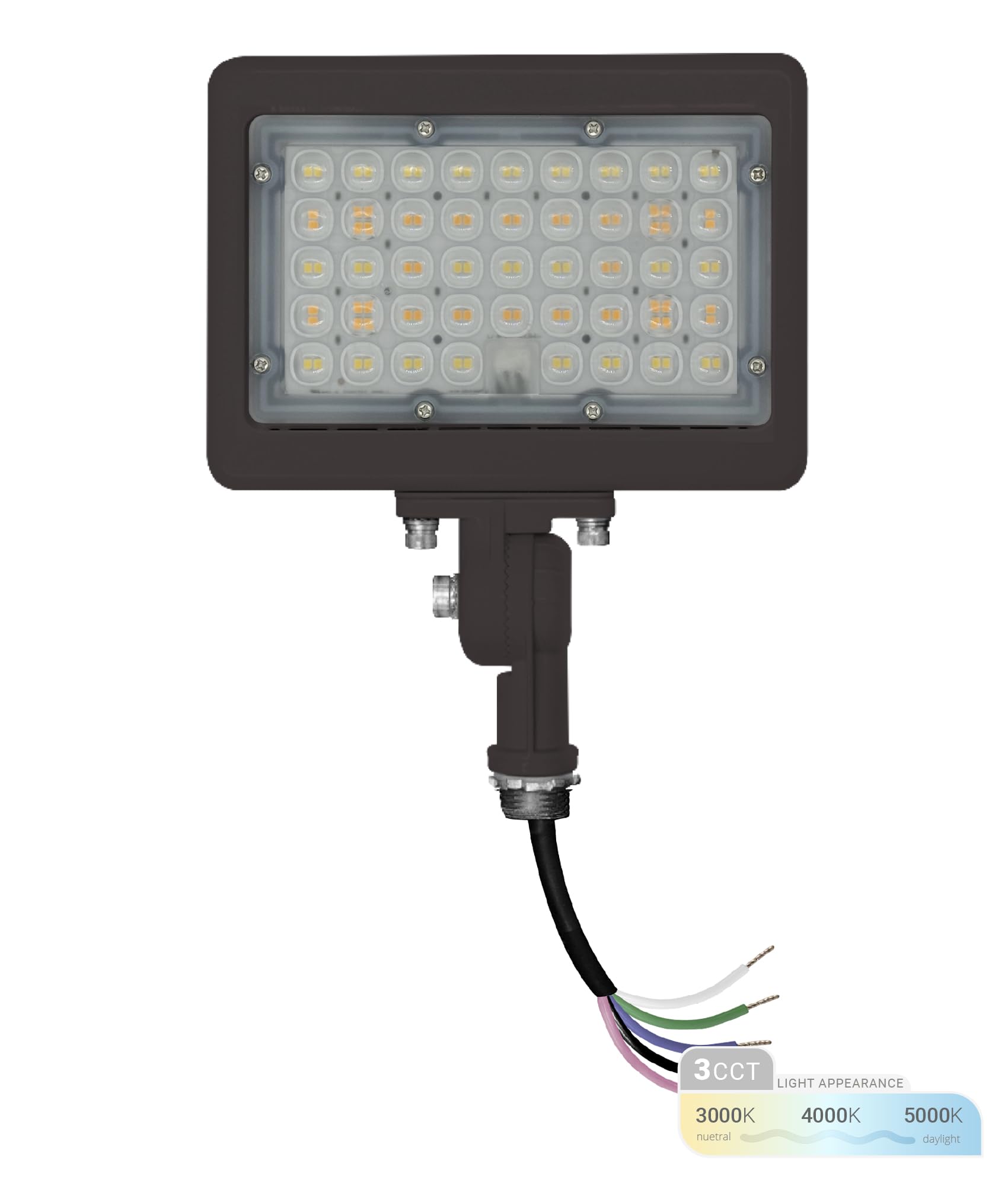 NUWATT 30W flood light on bronze knuckle mount for exterior architectural lighting