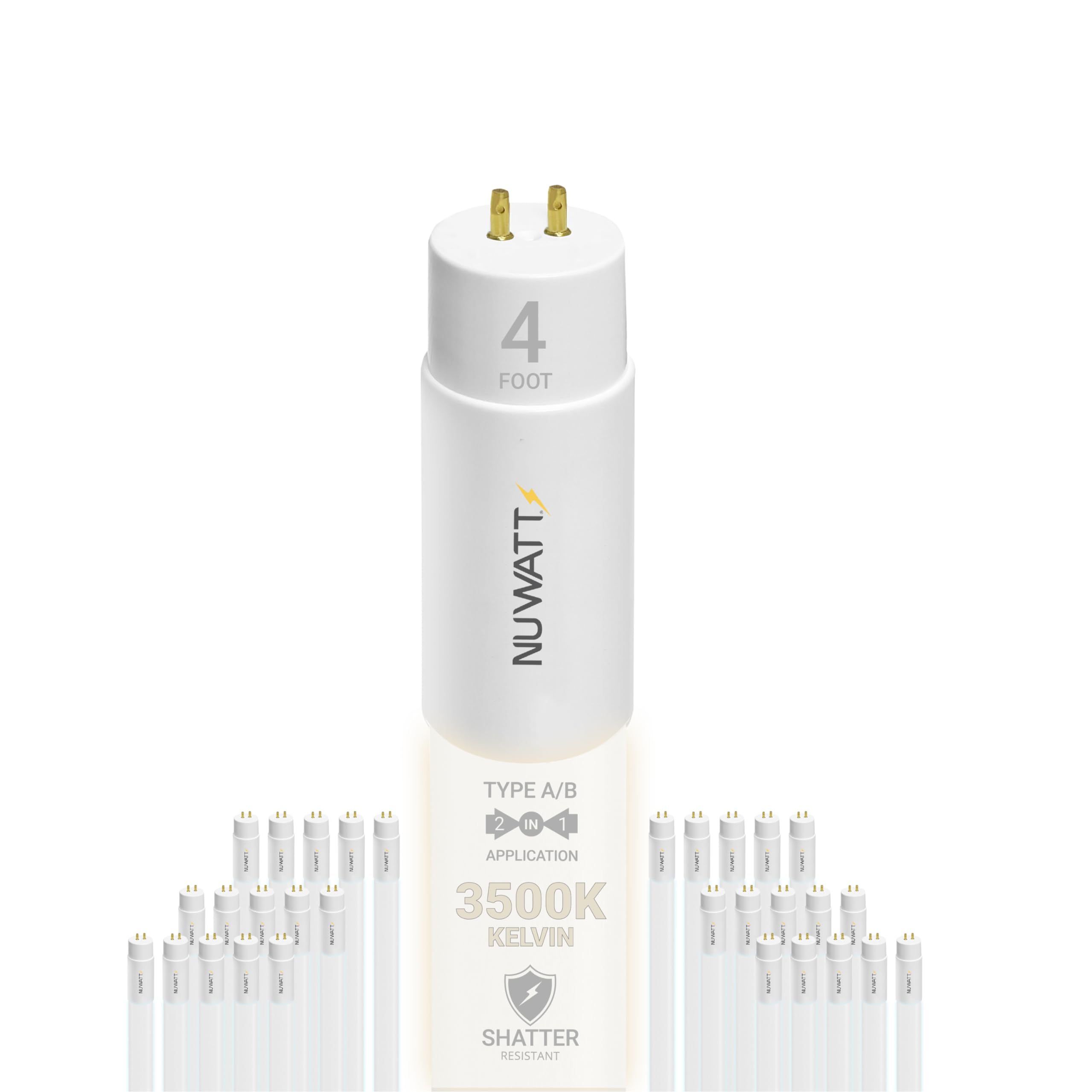 NUWATT 4ft hybrid LED tube fits T8, T10, T12 fixtures for flexible retrofits.