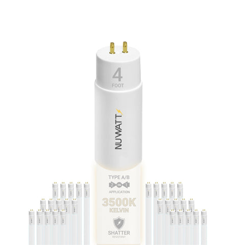 NUWATT 4ft hybrid LED tube fits T8, T10, T12 fixtures for flexible retrofits.
