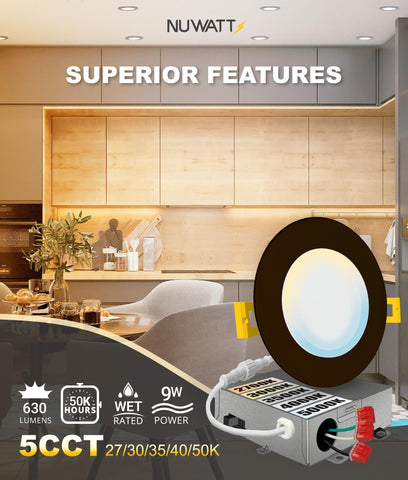 NUWATT dimmable 4-inch wafer downlight for adjustable brightness.
