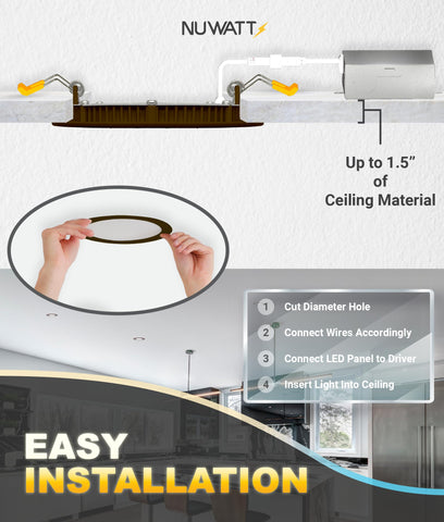 NUWATT snap-in clips enable quick ceiling mounting.