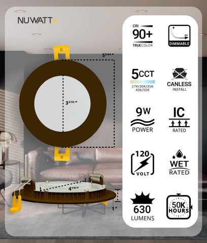 NUWATT 4-inch canless light with color temperature selector for ambient control.