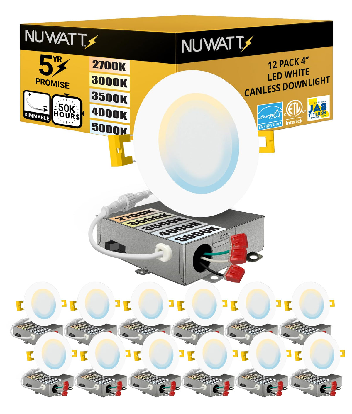 NUWATT 4-inch ultra-thin LED downlight with junction box for easy installation.