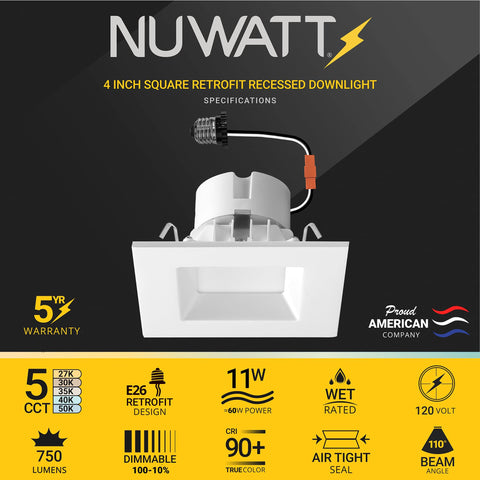 NUWATT square retrofit light shown during ceiling upgrade for easy installation.