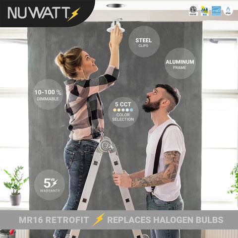 NUWATT 5CCT color switch lets you match warmth from 2700K to 5000K.