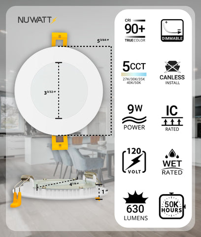 NUWATT selectable 5CCT lighting for customizable room ambiance.