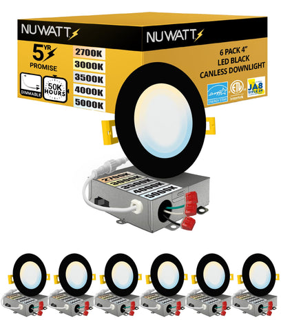 NUWATT 6 pack 4 inch LED wafer light with black trim for sleek installations
