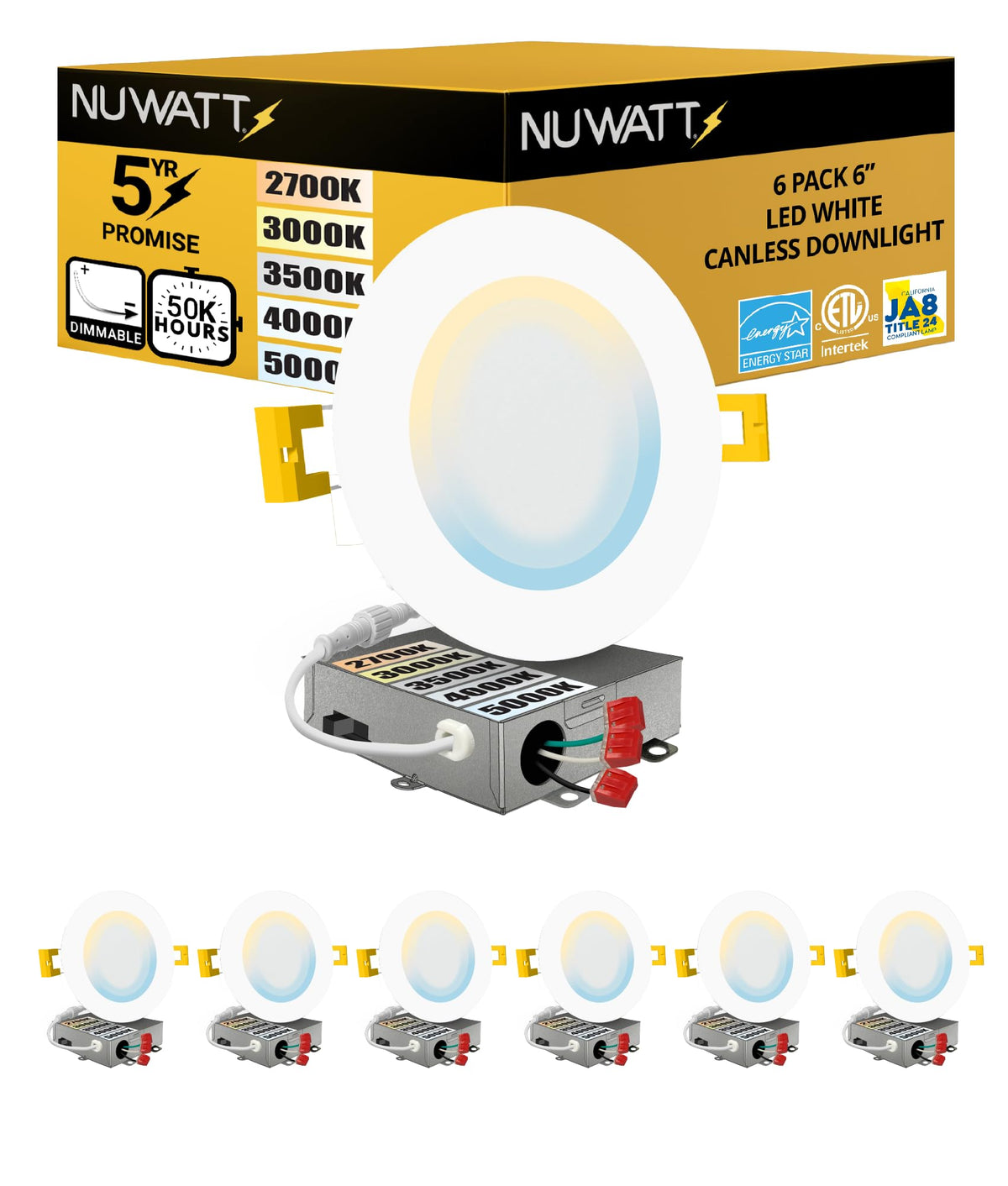 NUWATT 6-pack 6-inch ultra-thin LED recessed light for flush ceiling install and modern ambiance