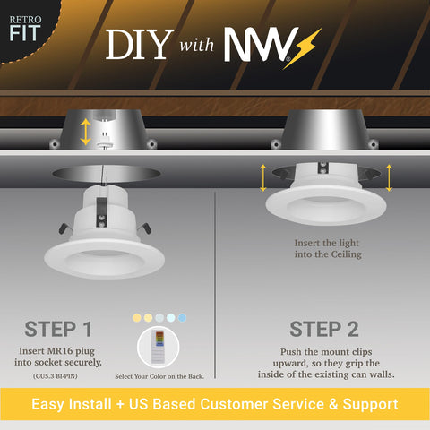 NUWATT 600-lumen output delivers crisp, bright task lighting in compact 4-inch fixtures.
