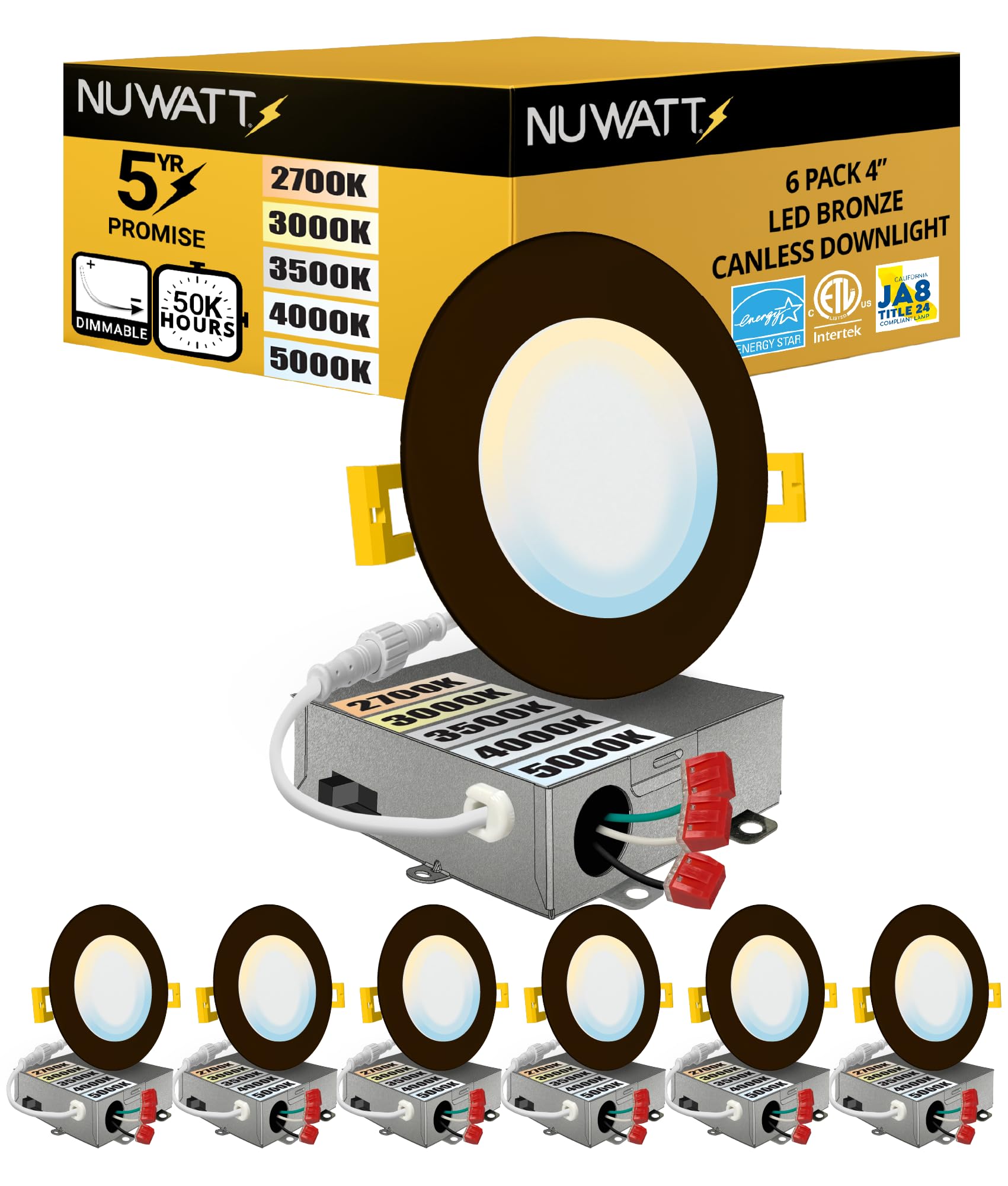 NUWATT six-pack 4-inch bronze downlight on ceiling, compact and versatile.